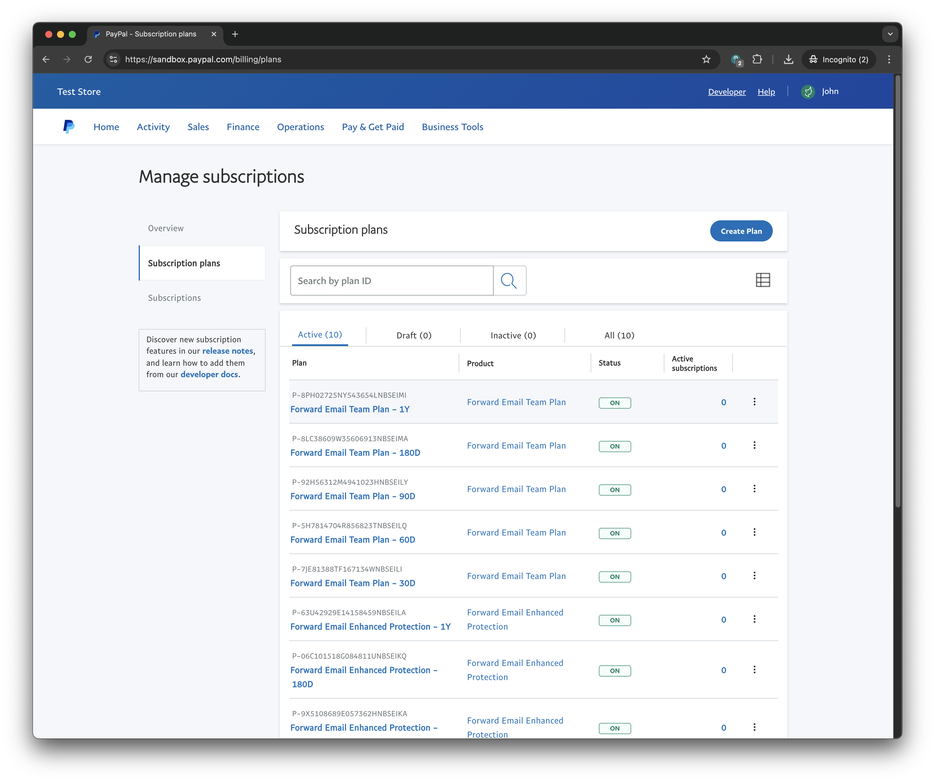 Capture d’écran des abonnements PayPal 2