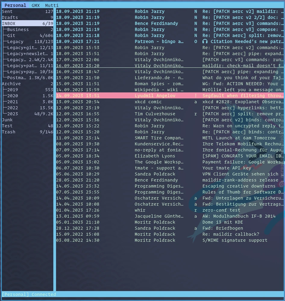 aerc 是一份开源电子邮件 客户,适用于 Command-line (CLI),并使用 Go 编程语言编写。